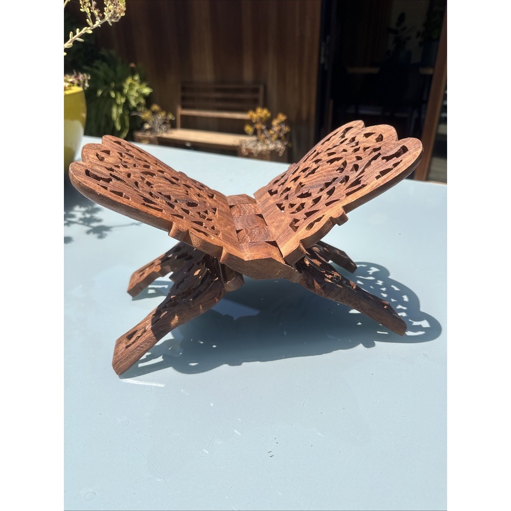 Vintage Hand Carved Wood Folding Book Stand Cook Book Bible Holder Rehal X Shape